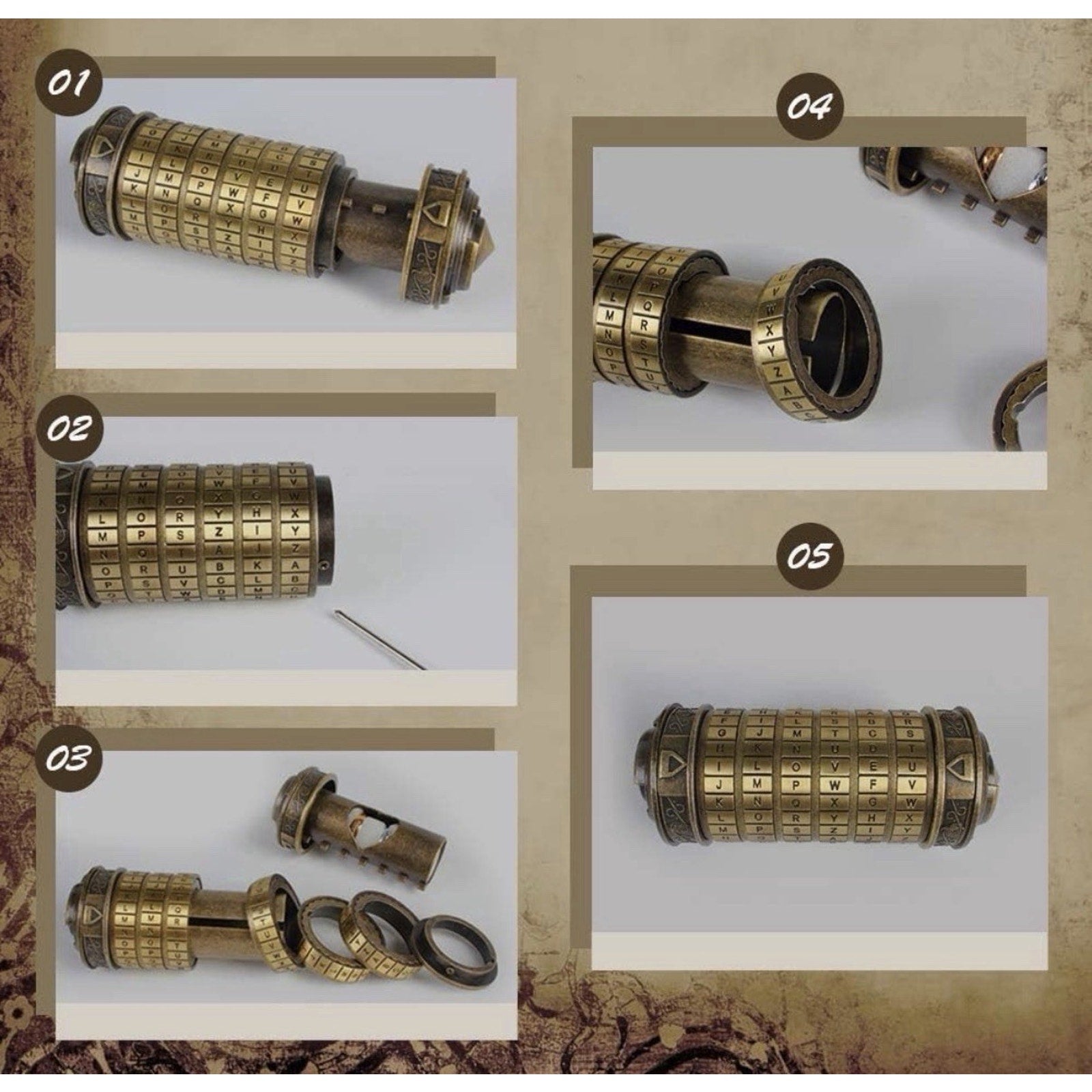 Cylinder Metal Puzzle Box Mechanical Cryptex Password Lock Bronze Gold