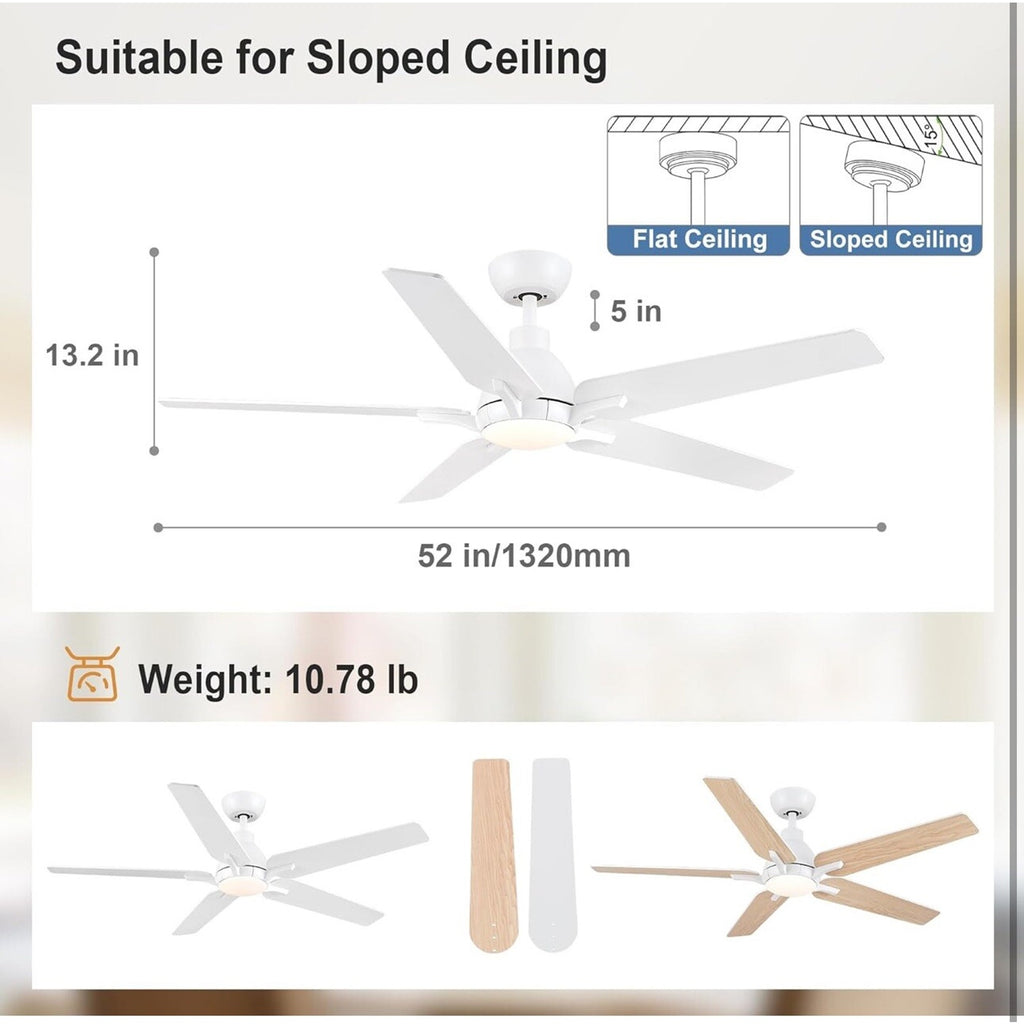 52 Inch Ceiling Fans with Lights and Remote, White Ceiling Fan, 5 Blade