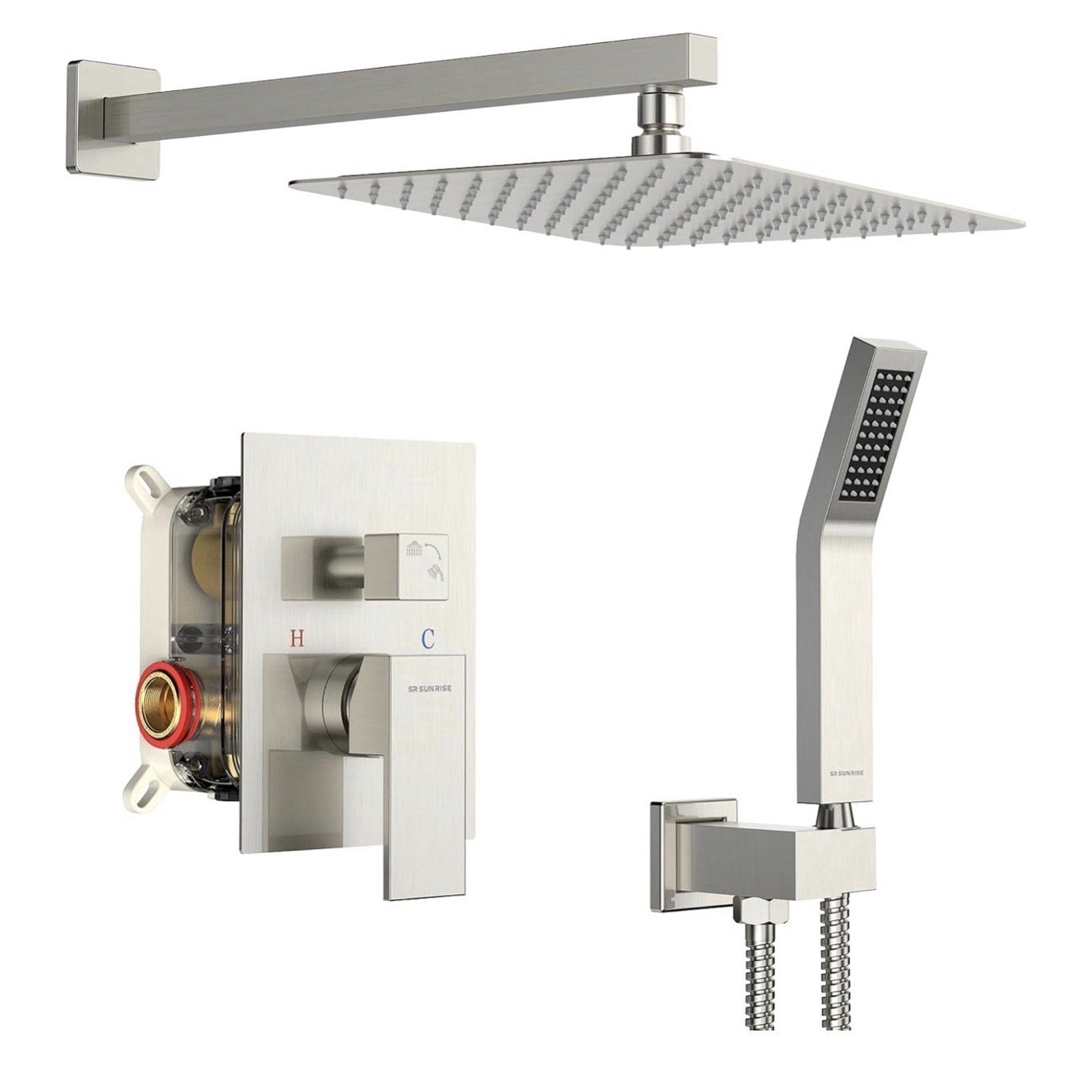 Brushed Nickel Shower Faucet Set System Rain Shower Head Combo Kit w/Mixer Valve