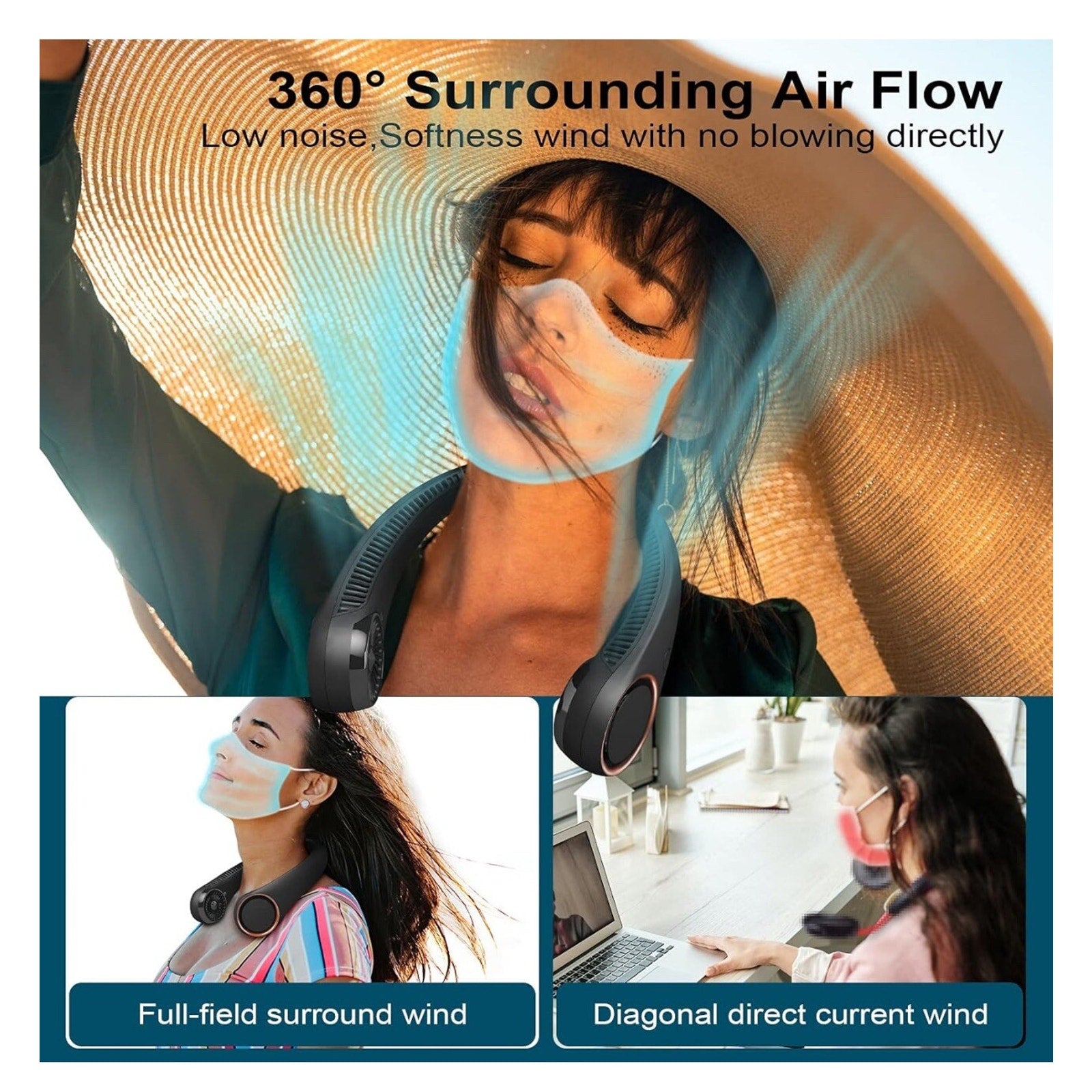 Portable Neck Fan,Hands Free Bladeless Fan, Cooling Personal Fan 3 Speed