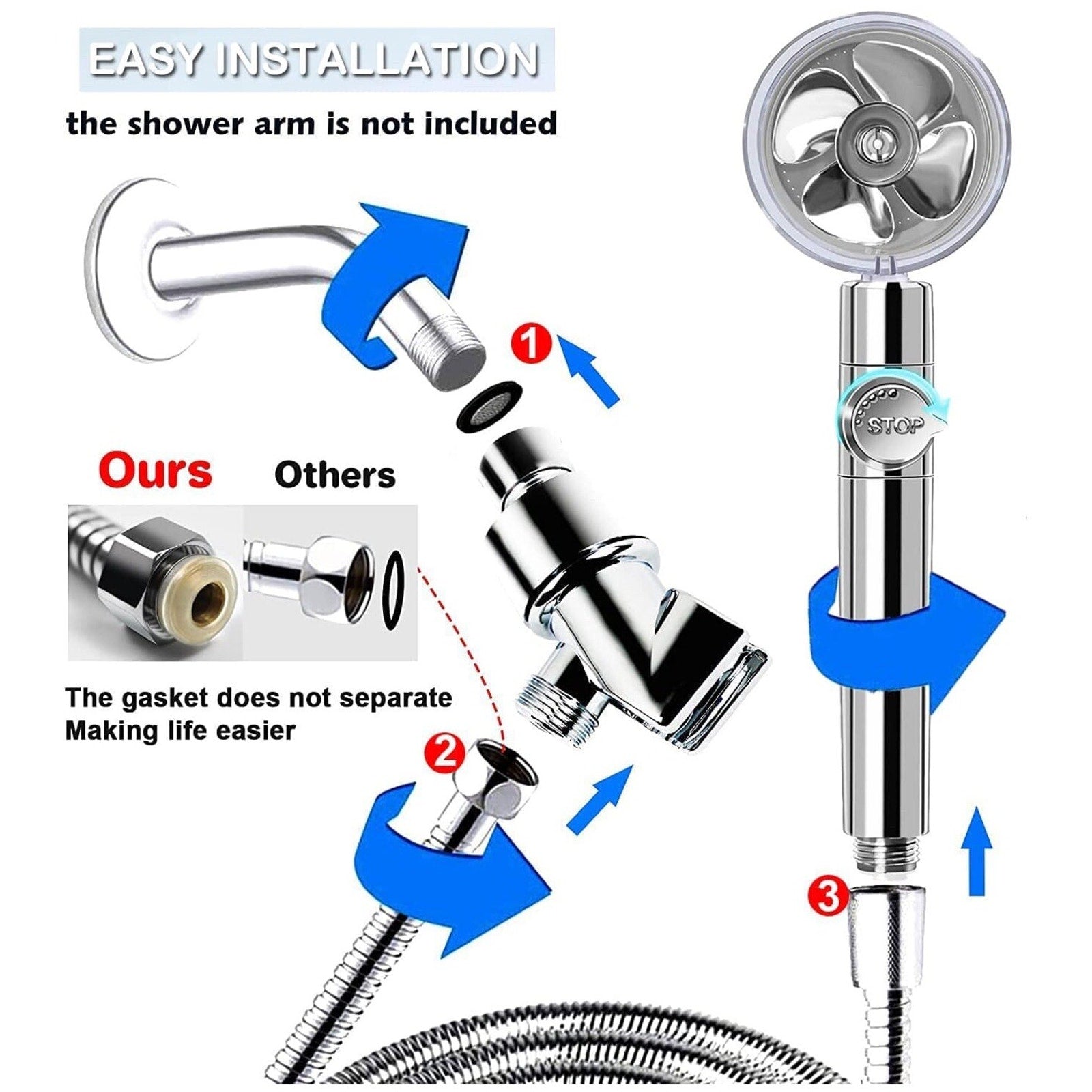 Turbo High Pressure shower heads W/Handheld 79 Inch Silver, Arm Holder, 3 Filter