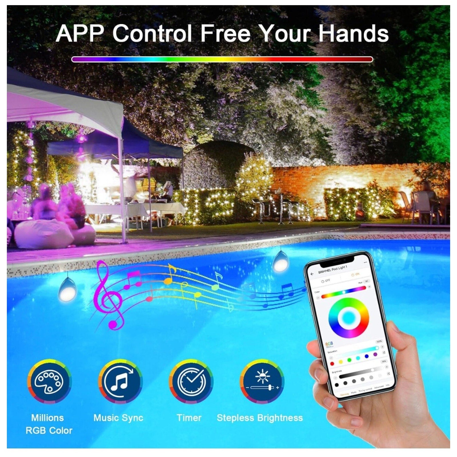 Brimmel LED Pool Light w/Smart App Control 10W RGB Waterproof