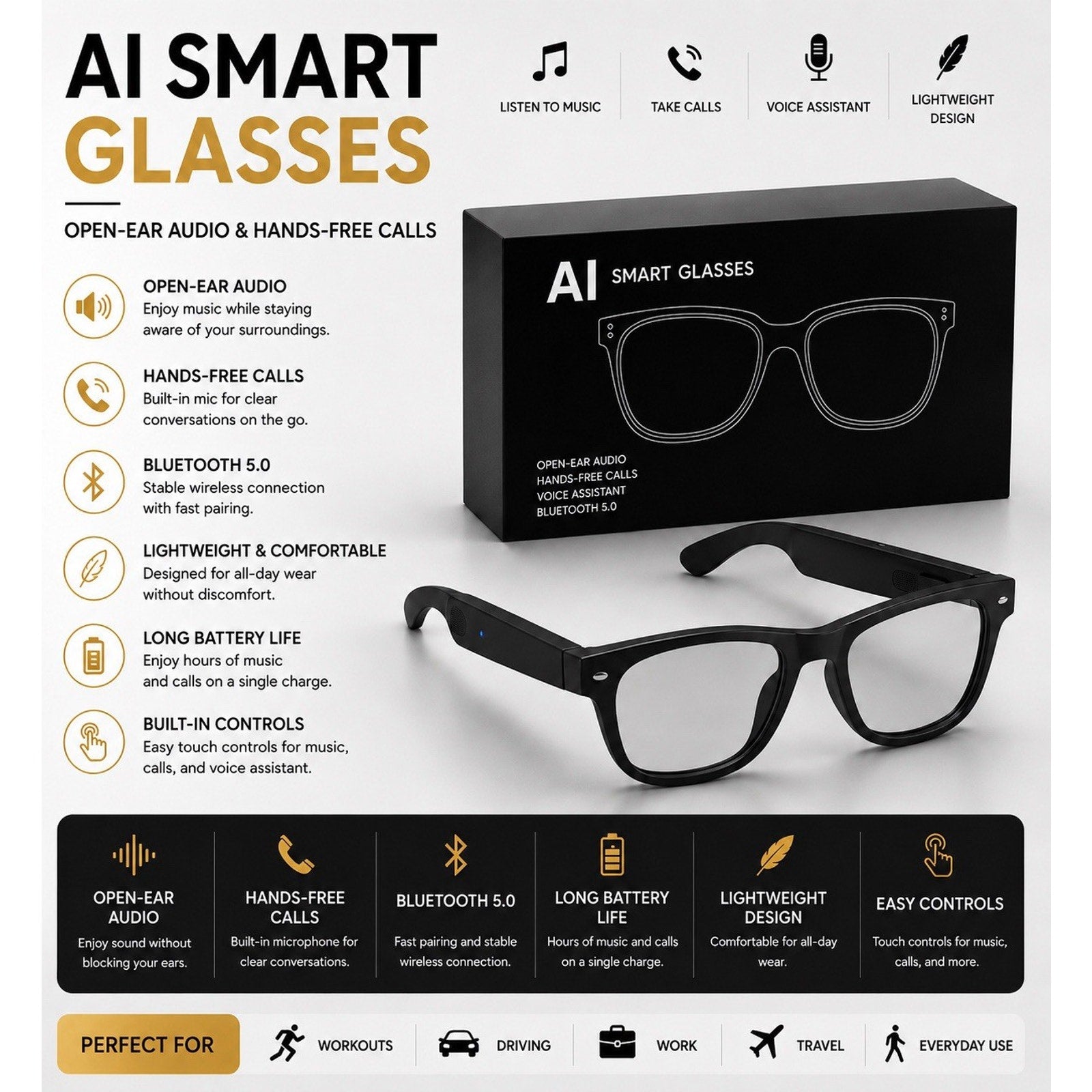 AI Smart Glasses with Camera Live Bluetooth Audio Eyewear Handsfree