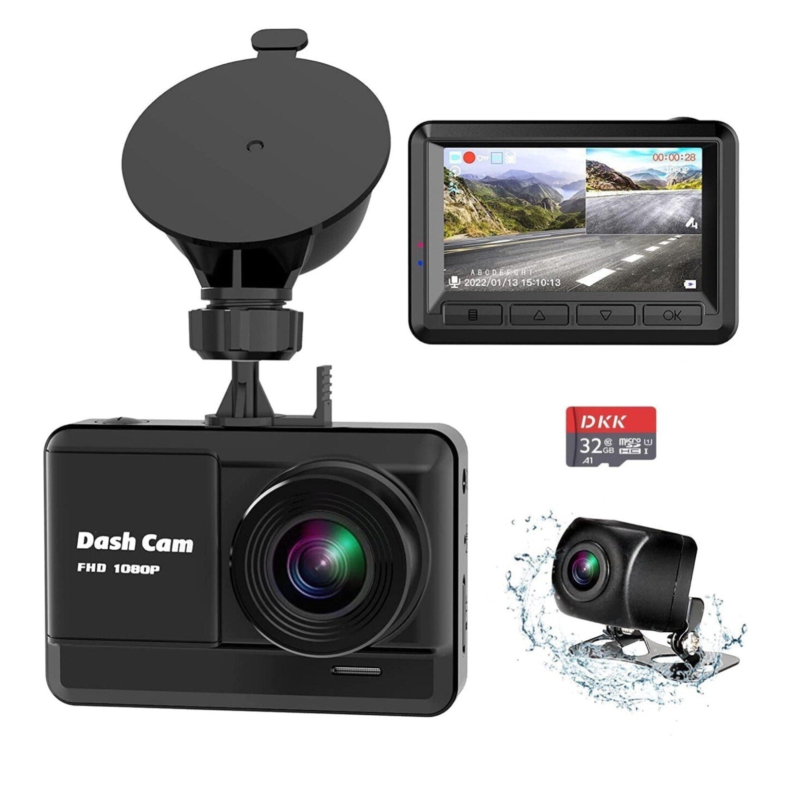 DKK Dash Cam Front and Rear, 1080p mini dash with 32 GB SD Card. G Sensor Lock