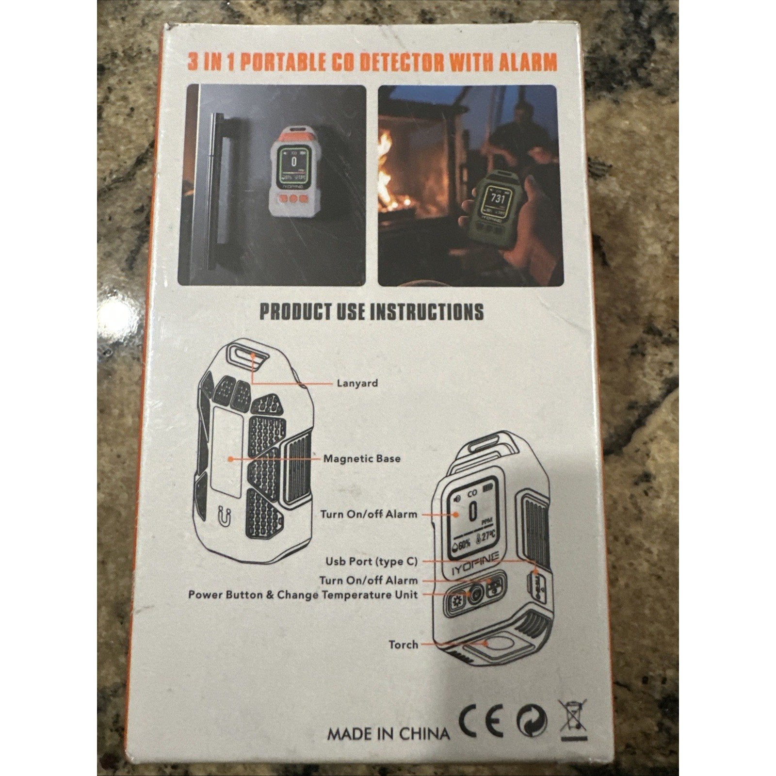 Portable 3-in-1 carbon monoxide temperature humidity detector Camping/Car/RV-RED