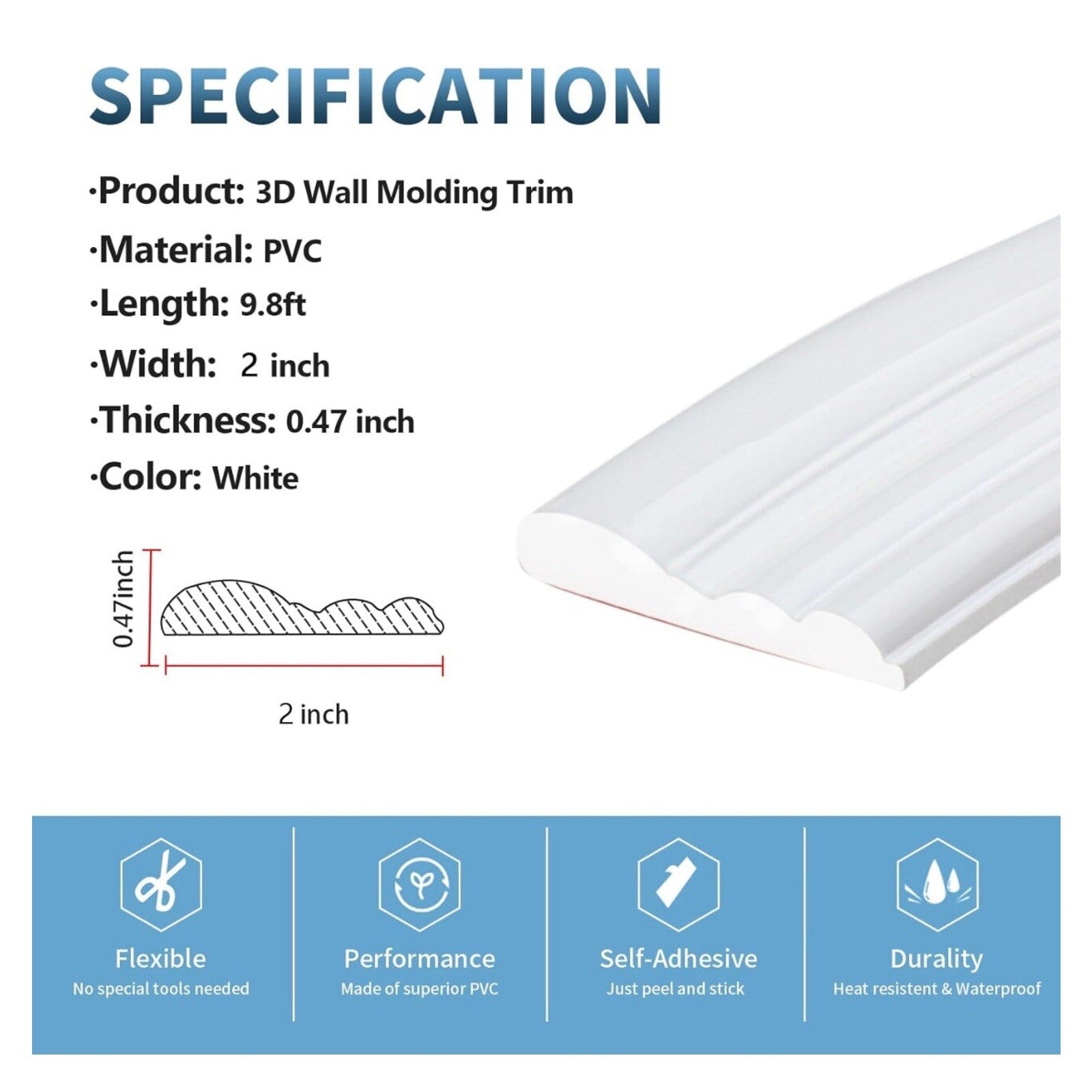 9.8 ft Peel and Stick Chair Rail Panel Molding Flexible Inch 2 inches Height