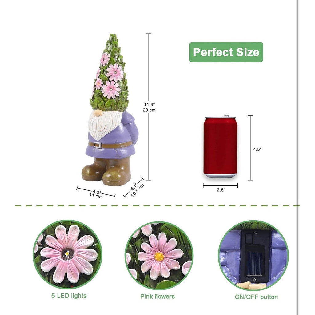 Solar Garden Outdoor Statues Gnome with Succulent and 7 LED Lights - Lawn Decor