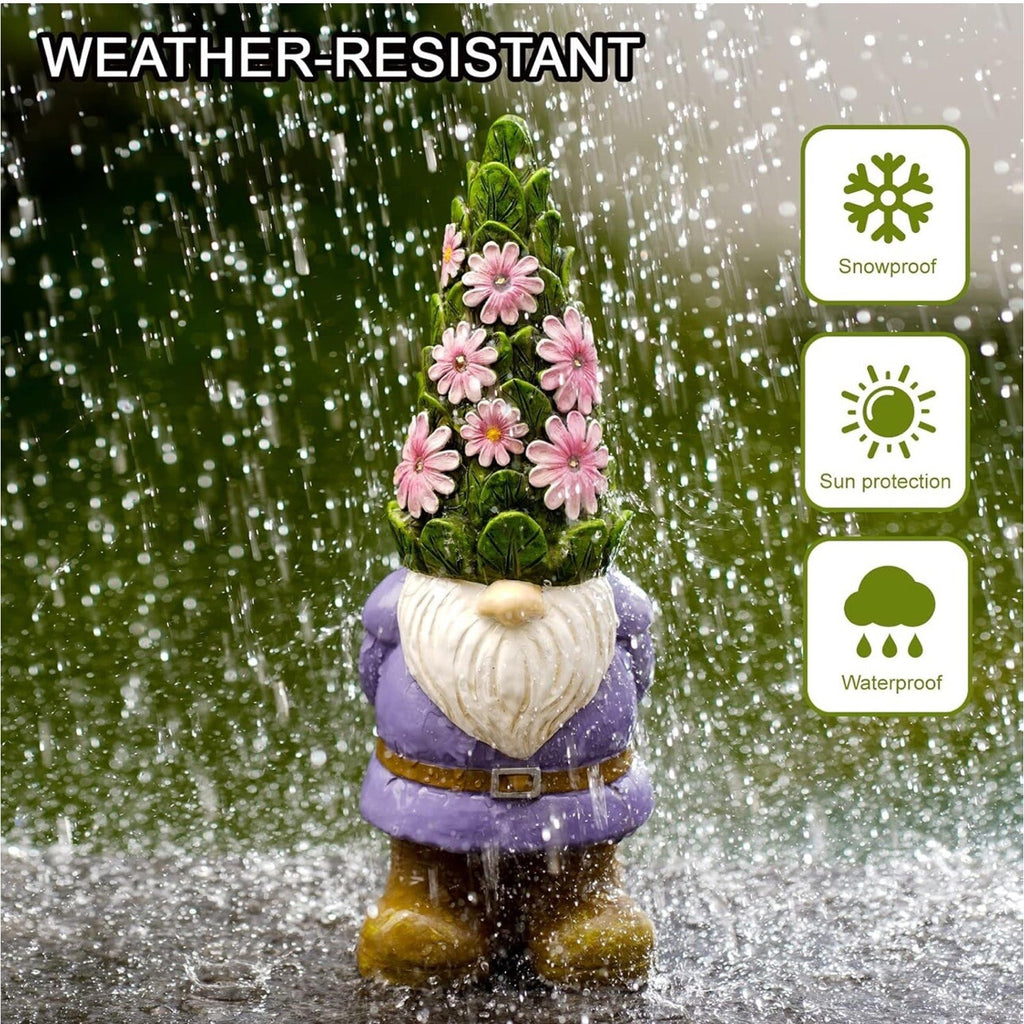 Solar Garden Outdoor Statues Gnome with Succulent and 7 LED Lights - Lawn Decor