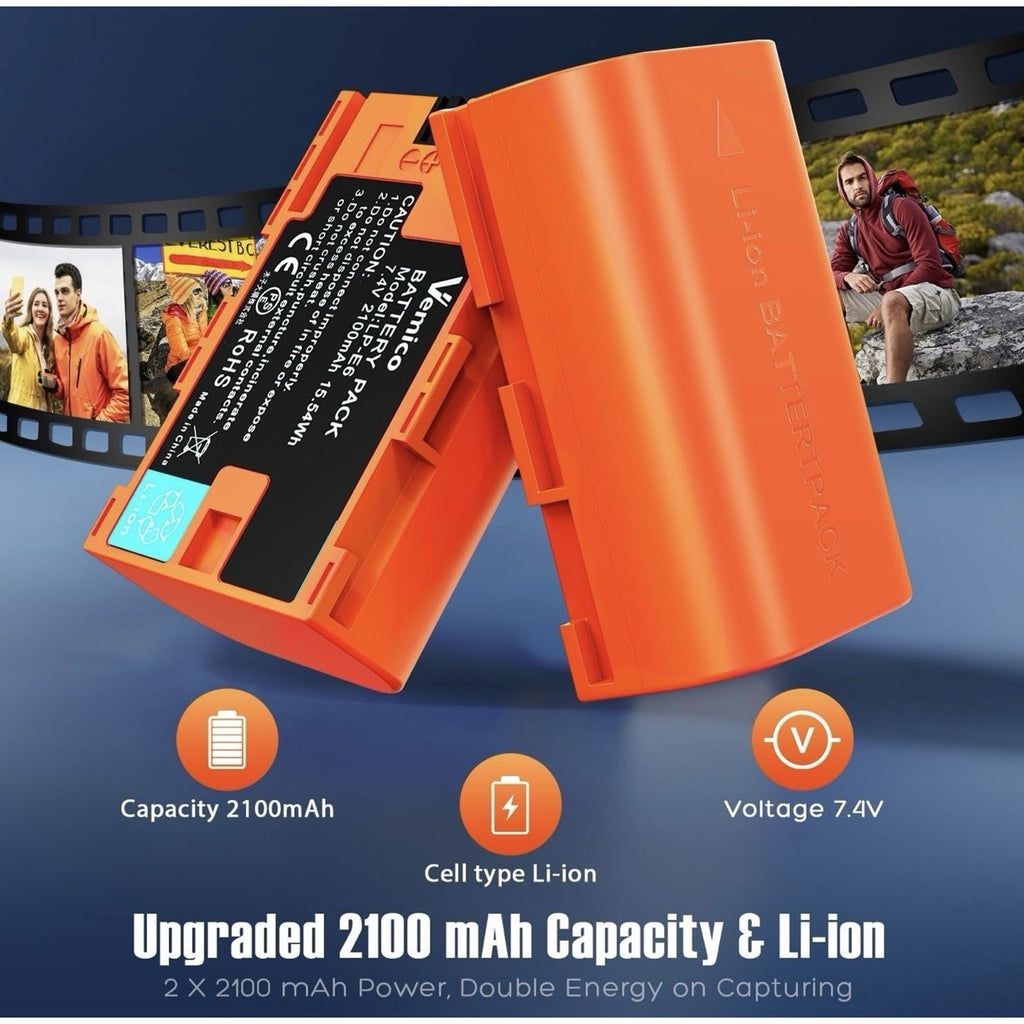 Vemico LP-E6NH Battery Charger Kit with 2100mAh LP-E6 Batteries