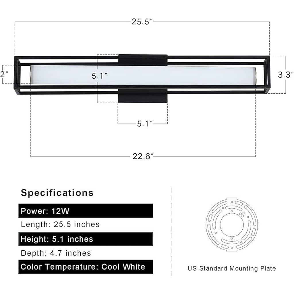 Black Vanity Light Modern Vanity Light Bar, 12W 26 inch Vanity LED Light Wall