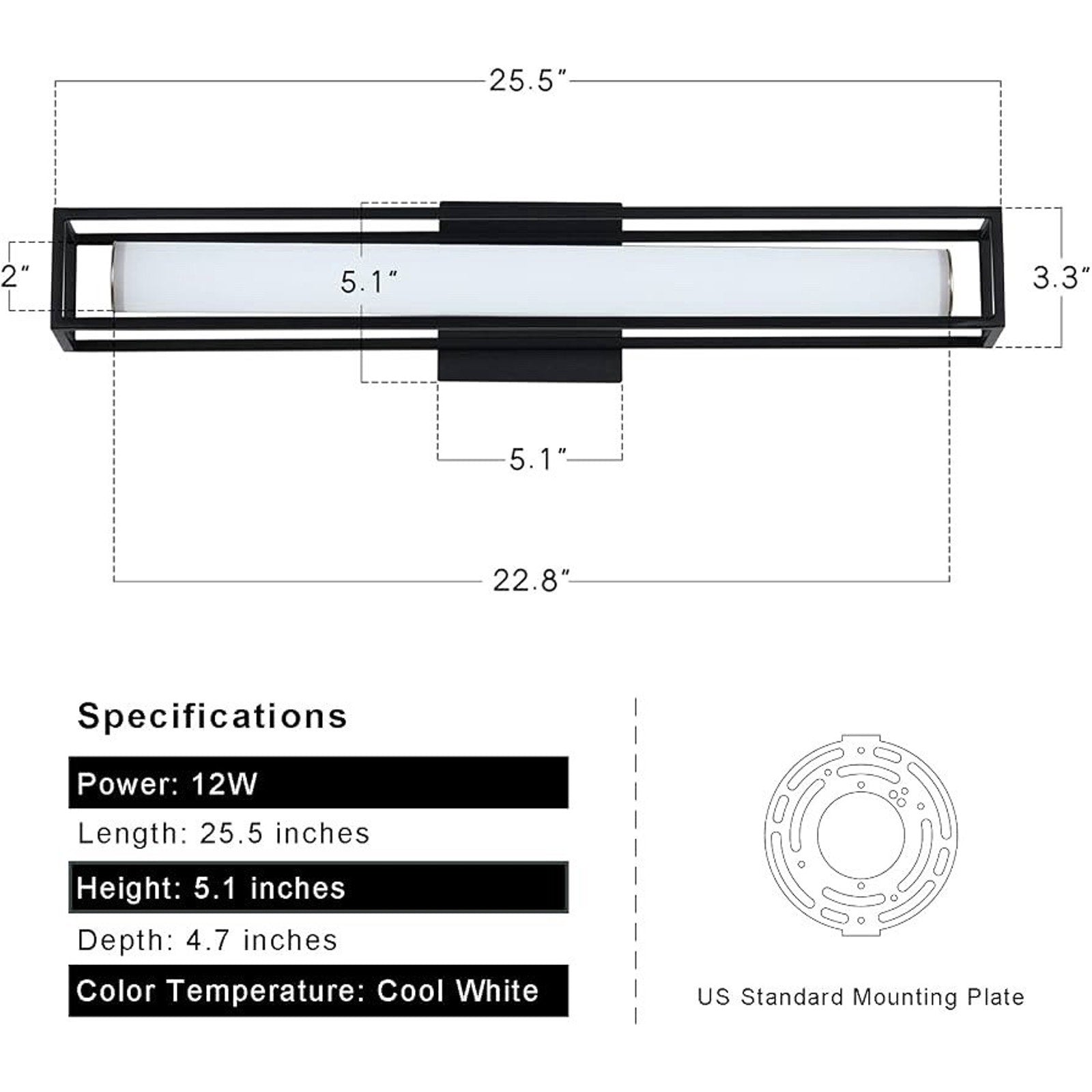 Black Vanity Light Modern Vanity Light Bar, 12W 26 inch Vanity LED Light Wall