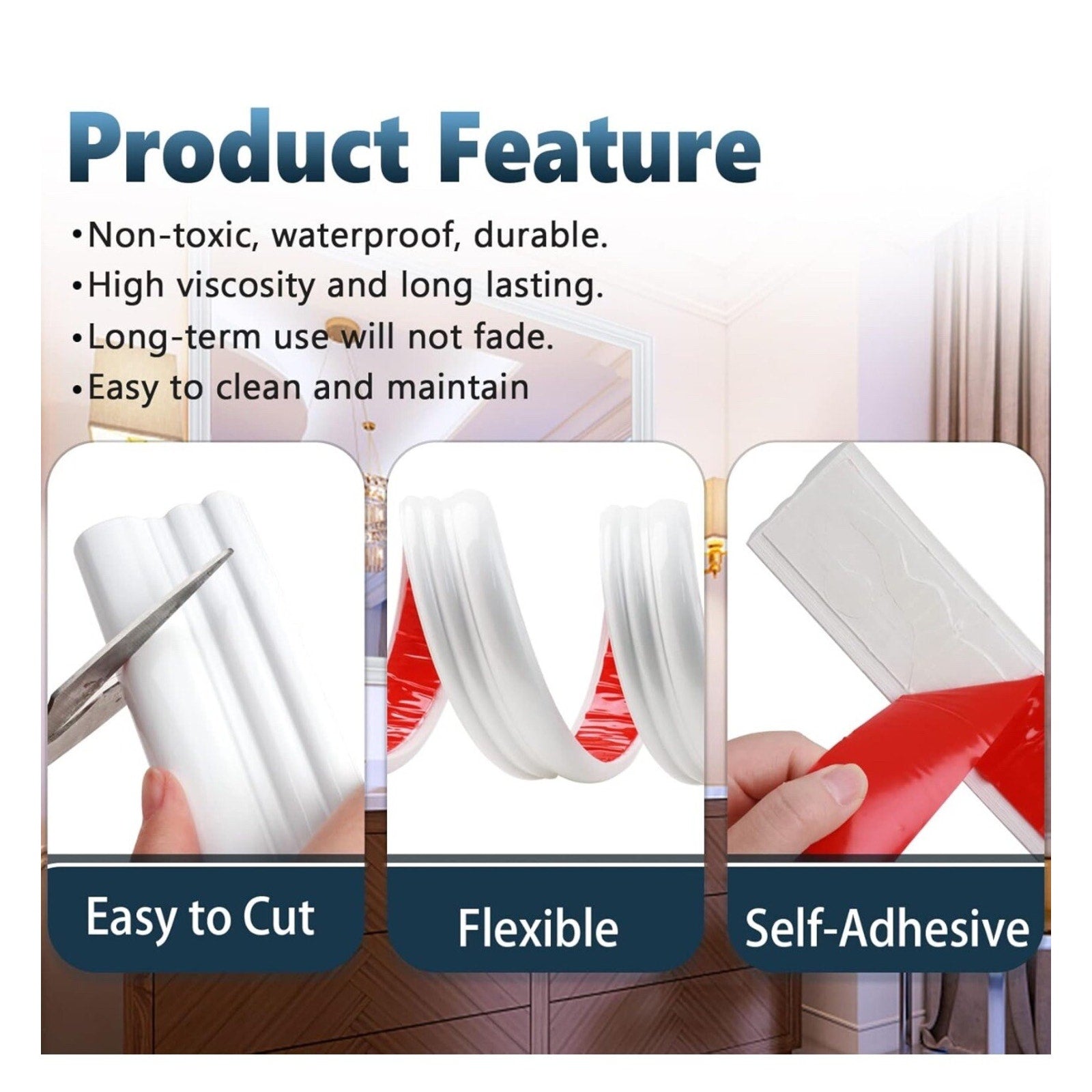 9.8 ft Peel and Stick Chair Rail Panel Molding Flexible Inch 2 inches Height